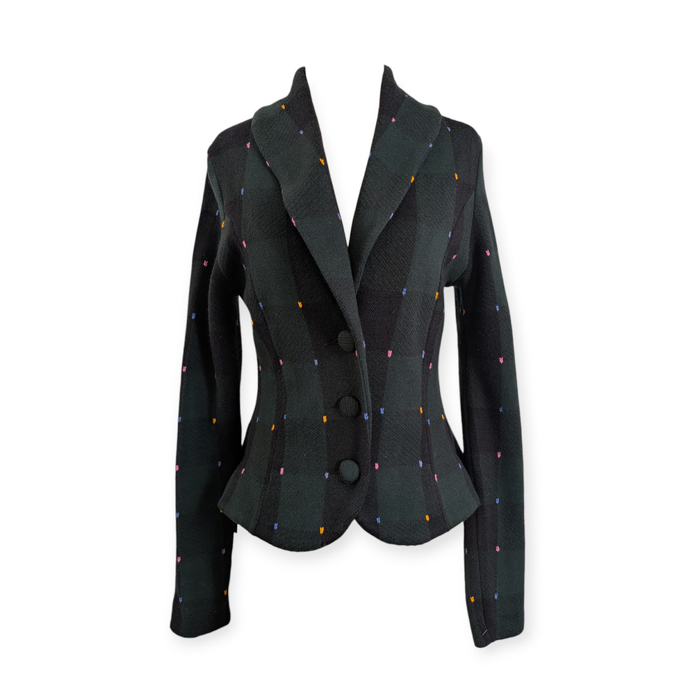 HWR Dark Green Plaid Blazer with pastel stitch embroidery